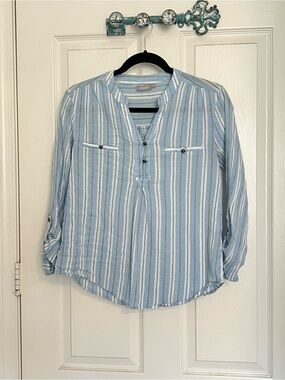 Striped Light Blue Linen Button-Down Tunic Shirt By Fransa